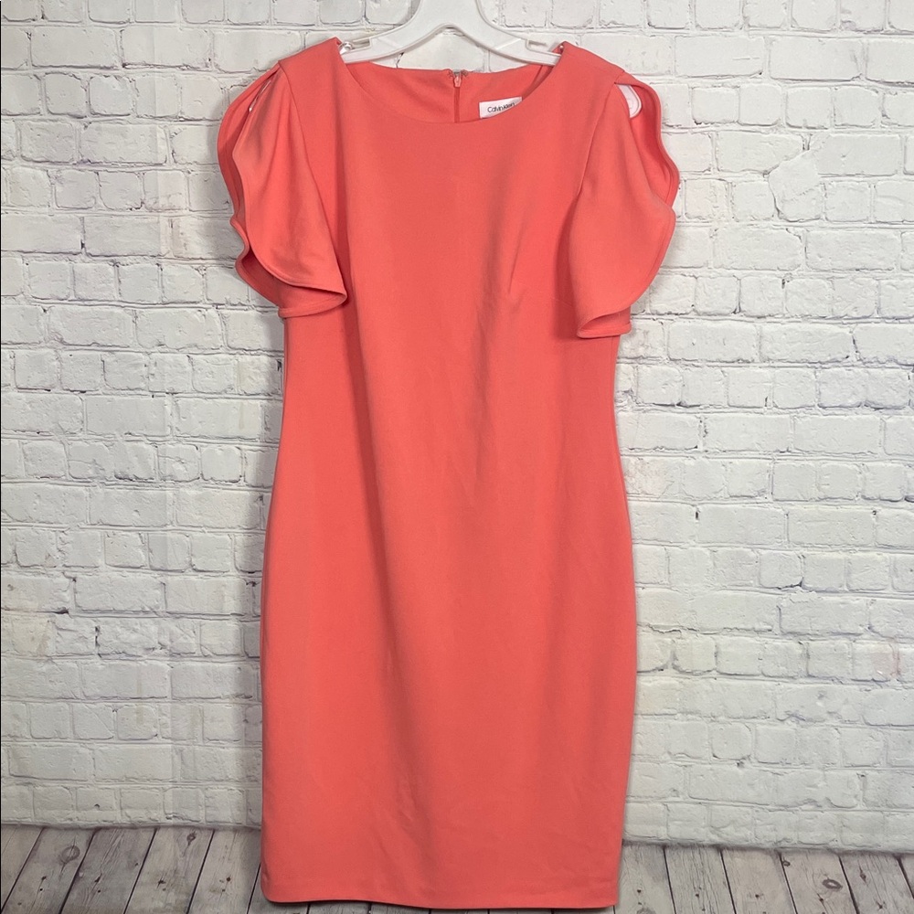 Calvin Klein Ruffle Short Sleeve Knee-length Coral Sheath Spring Dress Size: 12